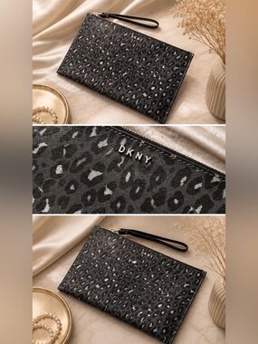 DKNY Black Gray Leopard-Print Wristlet Clutch